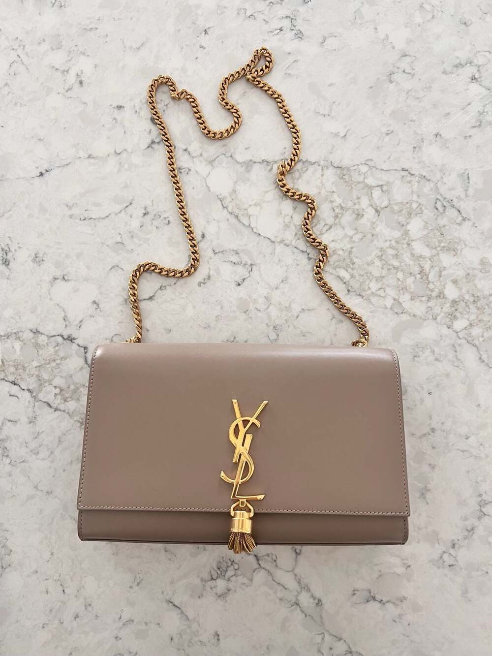 Saint Laurent Kate Monogramme Tassel Chain Shoulder Bag Smooth Leather Taupe GHW